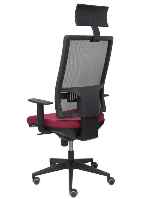 Modelo Horna - Silla de oficina ergonómica con mecanismo sincro y regulable en altura - Respaldo alto de malla transpirable con cabecero y asiento tapizado en tejido BALI color granate (CON CABECERO INCLUIDO)