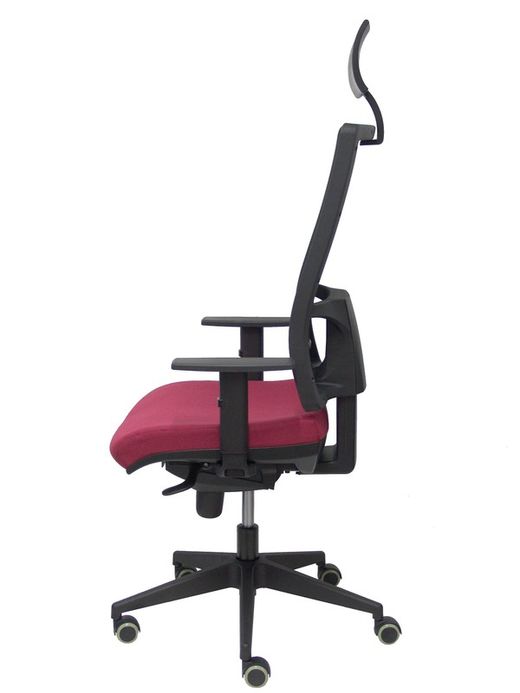 Modelo Horna - Silla de oficina ergonómica con mecanismo sincro y regulable en altura - Respaldo alto de malla transpirable con cabecero y asiento tapizado en tejido BALI color granate (CON CABECERO INCLUIDO)