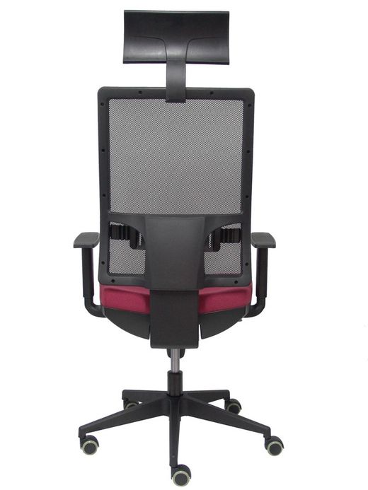 Modelo Horna - Silla de oficina ergonómica con mecanismo sincro y regulable en altura - Respaldo alto de malla transpirable con cabecero y asiento tapizado en tejido BALI color granate (CON CABECERO INCLUIDO)