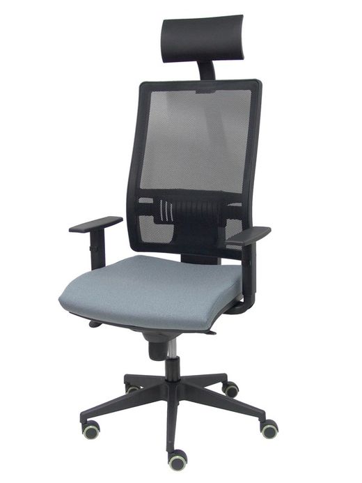 Modelo Horna - Silla de oficina ergonómica con mecanismo sincro y regulable en altura - Respaldo alto de malla transpirable con cabecero y asiento tapizado en tejido BALI color gris (CON CABECERO INCLUIDO)