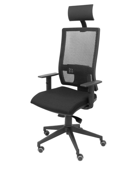 Modelo Horna - Silla de oficina ergonómica con mecanismo sincro y regulable en altura - Respaldo alto de malla transpirable con cabecero y asiento tapizado en tejido BALI color negro (CON CABECERO INCLUIDO)