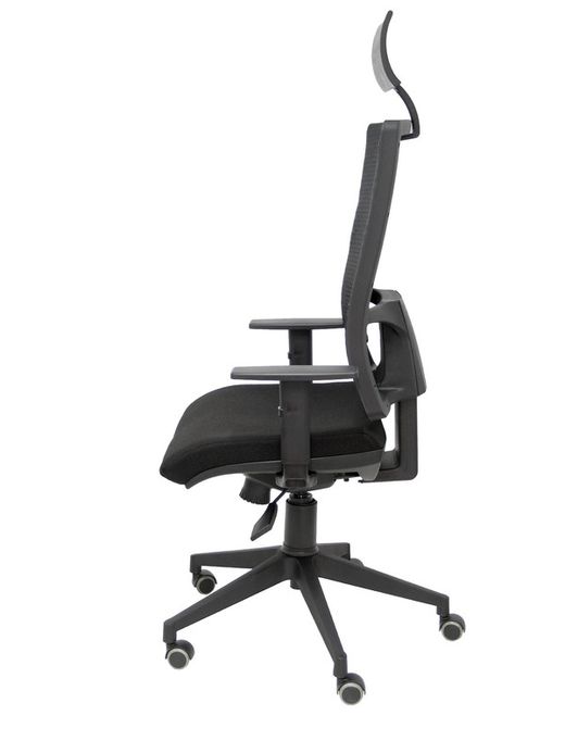 Modelo Horna - Silla de oficina ergonómica con mecanismo sincro y regulable en altura - Respaldo alto de malla transpirable con cabecero y asiento tapizado en tejido BALI color negro (CON CABECERO INCLUIDO)