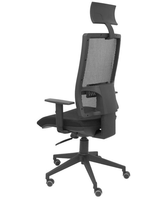 Modelo Horna - Silla de oficina ergonómica con mecanismo sincro y regulable en altura - Respaldo alto de malla transpirable con cabecero y asiento tapizado en tejido BALI color negro (CON CABECERO INCLUIDO)