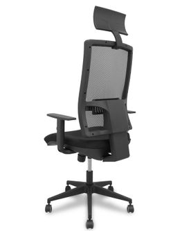 Modelo Horna - Silla de oficina ergonómica con mecanismo sincro y regulable en altura - Respaldo alto de malla transpirable con cabecero y asiento tapizado en tejido BALI color negro (CON CABECERO Y ASIENTO TRASLAK INCLUIDOS)