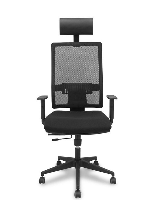 Modelo Horna - Silla de oficina ergonómica con mecanismo sincro y regulable en altura - Respaldo alto de malla transpirable con cabecero y asiento tapizado en tejido BALI color negro (CON CABECERO Y ASIENTO TRASLAK INCLUIDOS)