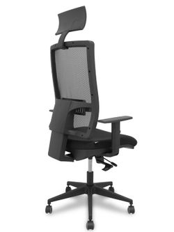Modelo Horna - Silla de oficina ergonómica con mecanismo sincro y regulable en altura - Respaldo alto de malla transpirable con cabecero y asiento tapizado en tejido BALI color negro (CON CABECERO Y ASIENTO TRASLAK INCLUIDOS)
