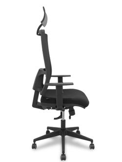 Modelo Horna - Silla de oficina ergonómica con mecanismo sincro y regulable en altura - Respaldo alto de malla transpirable con cabecero y asiento tapizado en tejido BALI color negro (CON CABECERO Y ASIENTO TRASLAK INCLUIDOS)