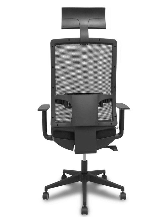 Modelo Horna - Silla de oficina ergonómica con mecanismo sincro y regulable en altura - Respaldo alto de malla transpirable con cabecero y asiento tapizado en tejido BALI color negro (CON CABECERO Y ASIENTO TRASLAK INCLUIDOS)