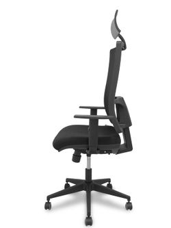 Modelo Horna - Silla de oficina ergonómica con mecanismo sincro y regulable en altura - Respaldo alto de malla transpirable con cabecero y asiento tapizado en tejido BALI color negro (CON CABECERO Y ASIENTO TRASLAK INCLUIDOS)