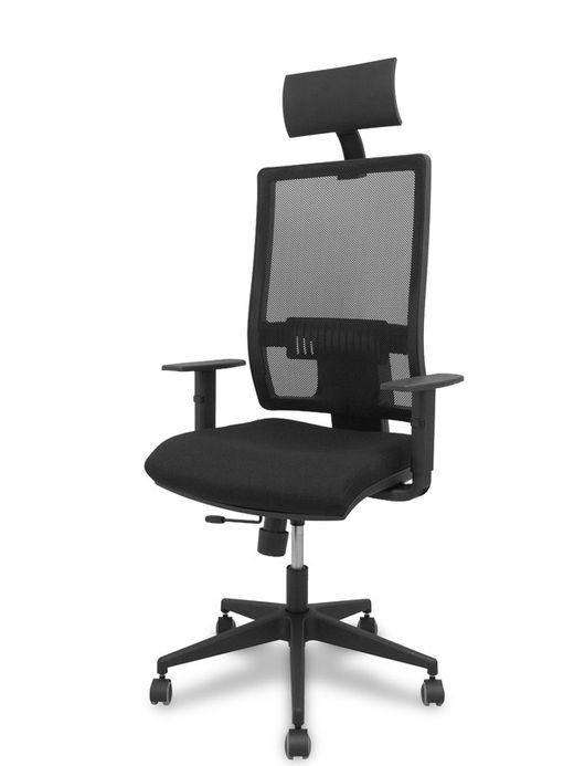 Modelo Horna - Silla de oficina ergonómica con mecanismo sincro y regulable en altura - Respaldo alto de malla transpirable con cabecero y asiento tapizado en tejido BALI color negro (CON CABECERO Y ASIENTO TRASLAK INCLUIDOS)