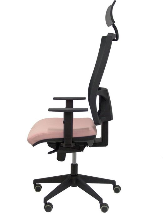 Modelo Horna - Silla de oficina ergonómica con mecanismo sincro y regulable en altura - Respaldo alto de malla transpirable con cabecero y asiento tapizado en tejido BALI color rosa (CON CABECERO INCLUIDO)