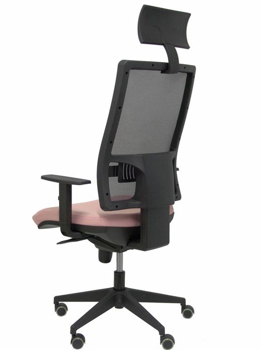 Modelo Horna - Silla de oficina ergonómica con mecanismo sincro y regulable en altura - Respaldo alto de malla transpirable con cabecero y asiento tapizado en tejido BALI color rosa (CON CABECERO INCLUIDO)
