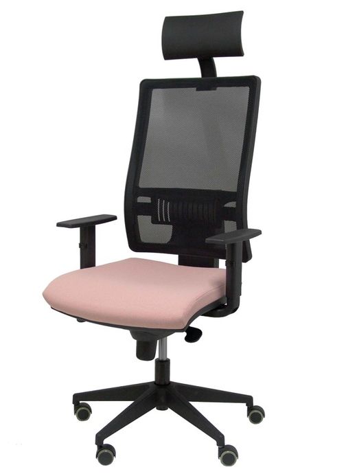 Modelo Horna - Silla de oficina ergonómica con mecanismo sincro y regulable en altura - Respaldo alto de malla transpirable con cabecero y asiento tapizado en tejido BALI color rosa (CON CABECERO INCLUIDO)