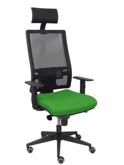 Modelo Horna - Silla de oficina ergonómica con mecanismo sincro y regulable en altura - Respaldo alto de malla transpirable con cabecero y asiento tapizado en tejido BALI color verde (CON CABECERO INCLUIDO)