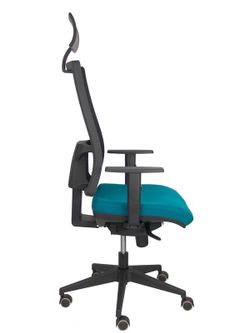 Modelo Horna - Silla de oficina ergonómica con mecanismo sincro y regulable en altura - Respaldo alto de malla transpirable con cabecero y asiento tapizado en tejido BALI color verde petróleo (CON CABECERO INCLUIDO)