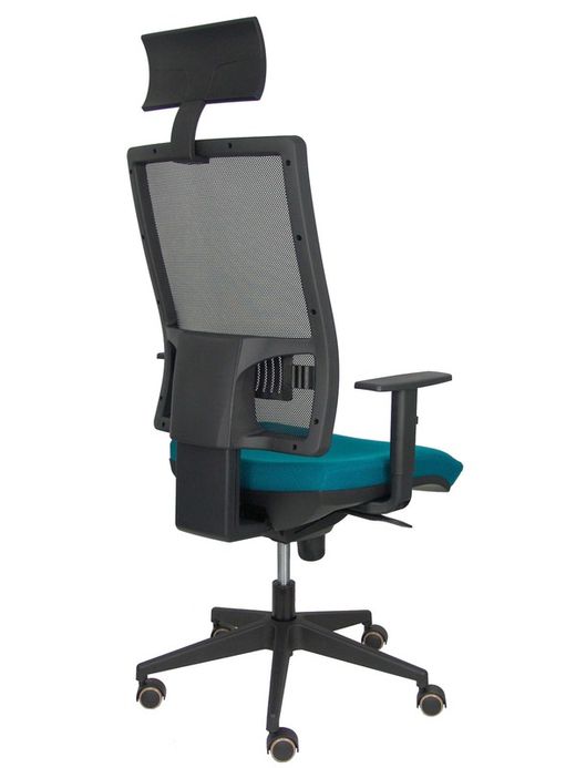 Modelo Horna - Silla de oficina ergonómica con mecanismo sincro y regulable en altura - Respaldo alto de malla transpirable con cabecero y asiento tapizado en tejido BALI color verde petróleo (CON CABECERO INCLUIDO)