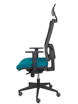 Modelo Horna - Silla de oficina ergonómica con mecanismo sincro y regulable en altura - Respaldo alto de malla transpirable con cabecero y asiento tapizado en tejido BALI color verde petróleo (CON CABECERO INCLUIDO)