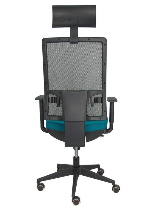 Modelo Horna - Silla de oficina ergonómica con mecanismo sincro y regulable en altura - Respaldo alto de malla transpirable con cabecero y asiento tapizado en tejido BALI color verde petróleo (CON CABECERO INCLUIDO)