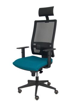 Modelo Horna - Silla de oficina ergonómica con mecanismo sincro y regulable en altura - Respaldo alto de malla transpirable con cabecero y asiento tapizado en tejido BALI color verde petróleo (CON CABECERO INCLUIDO)