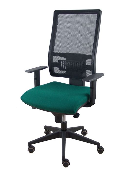 Modelo Horna - Silla de oficina ergonómica con mecanismo sincro y regulable en altura - Respaldo alto de malla transpirable  y asiento tapizado en tejido BALI color verde botella.