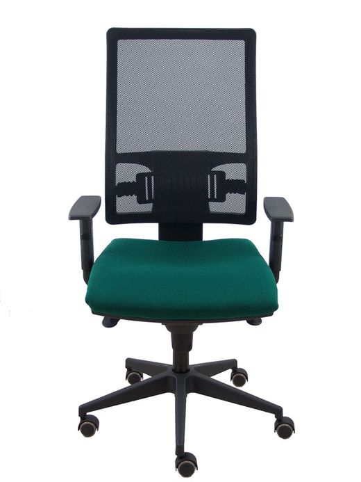 Modelo Horna - Silla de oficina ergonómica con mecanismo sincro y regulable en altura - Respaldo alto de malla transpirable  y asiento tapizado en tejido BALI color verde botella.