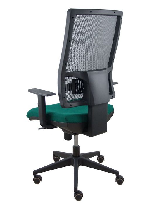 Modelo Horna - Silla de oficina ergonómica con mecanismo sincro y regulable en altura - Respaldo alto de malla transpirable  y asiento tapizado en tejido BALI color verde botella.
