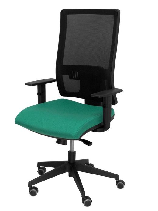 Modelo Horna - Silla de oficina ergonómica con mecanismo sincro y regulable en altura - Respaldo alto de malla transpirable y asiento tapizado en tejido BALI color verde esmeralda