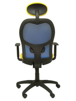 Modelo Jorquera - Silla de oficina ergonómica con mecanismo sincro, brazos regulables y ajustable en altura  Respaldo de malla transpirable en color azul y asiento tapizados en tejido BALI color amarillo (CON CABECERO)