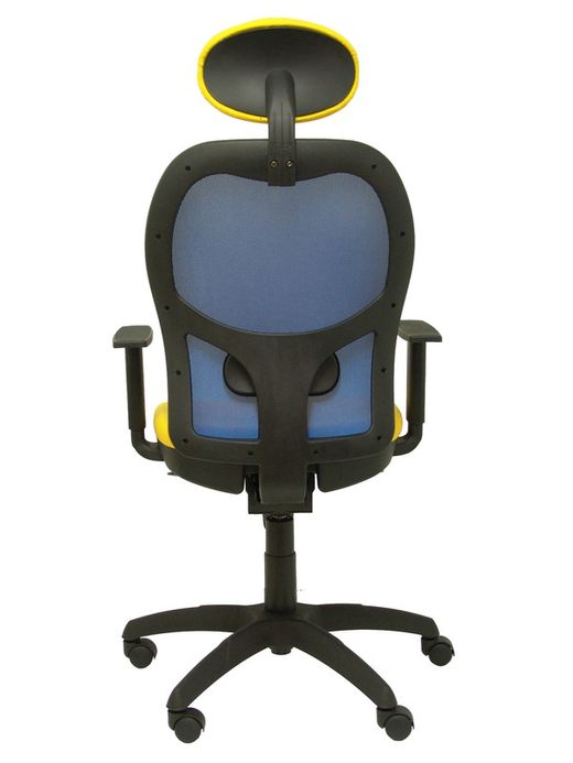 Modelo Jorquera - Silla de oficina ergonómica con mecanismo sincro, brazos regulables y ajustable en altura  Respaldo de malla transpirable en color azul y asiento tapizados en tejido BALI color amarillo (CON CABECERO)
