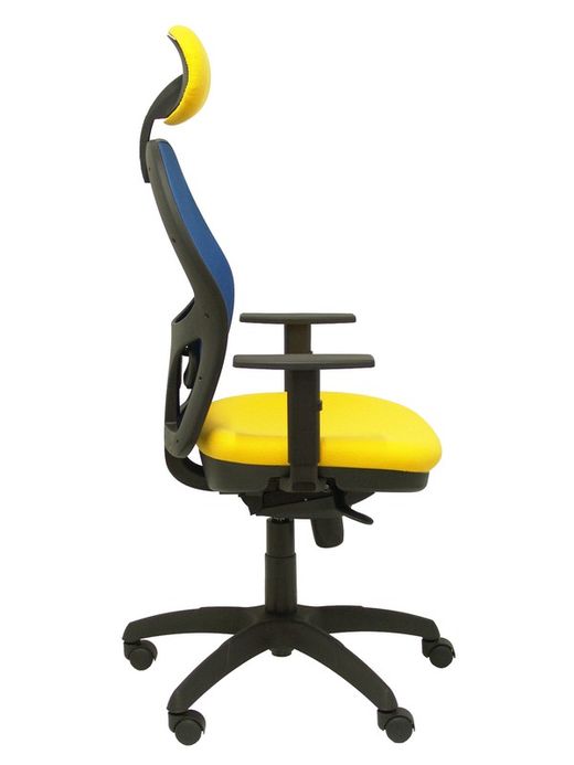 Modelo Jorquera - Silla de oficina ergonómica con mecanismo sincro, brazos regulables y ajustable en altura  Respaldo de malla transpirable en color azul y asiento tapizados en tejido BALI color amarillo (CON CABECERO)