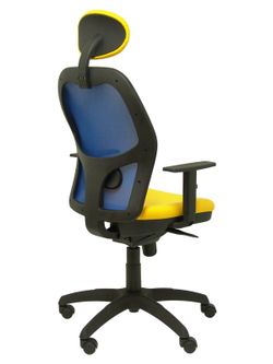 Modelo Jorquera - Silla de oficina ergonómica con mecanismo sincro, brazos regulables y ajustable en altura  Respaldo de malla transpirable en color azul y asiento tapizados en tejido BALI color amarillo (CON CABECERO)