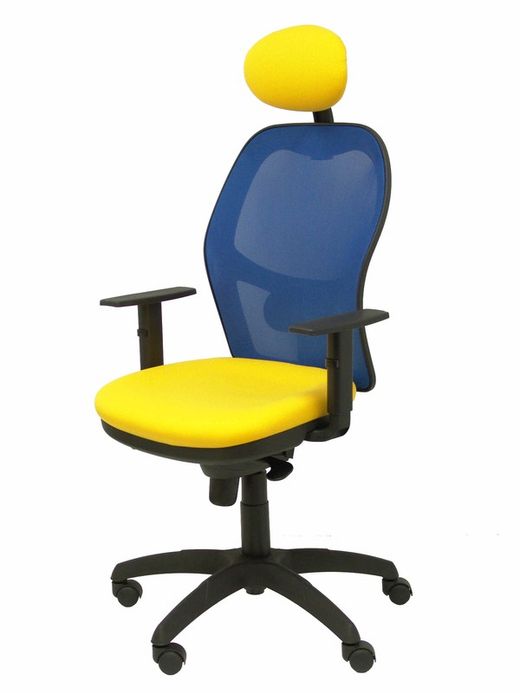 Modelo Jorquera - Silla de oficina ergonómica con mecanismo sincro, brazos regulables y ajustable en altura  Respaldo de malla transpirable en color azul y asiento tapizados en tejido BALI color amarillo (CON CABECERO)