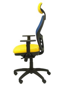 Modelo Jorquera - Silla de oficina ergonómica con mecanismo sincro, brazos regulables y ajustable en altura  Respaldo de malla transpirable en color azul y asiento tapizados en tejido BALI color amarillo (CON CABECERO)