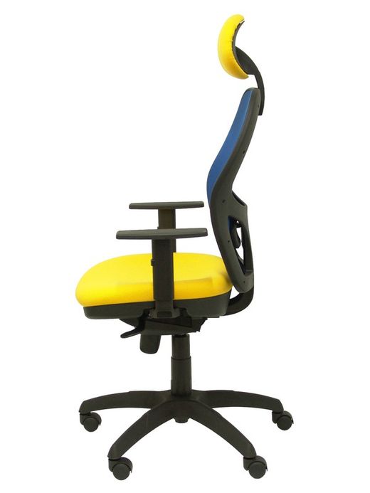 Modelo Jorquera - Silla de oficina ergonómica con mecanismo sincro, brazos regulables y ajustable en altura  Respaldo de malla transpirable en color azul y asiento tapizados en tejido BALI color amarillo (CON CABECERO)