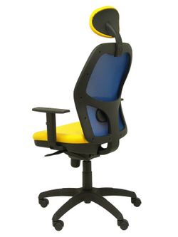 Modelo Jorquera - Silla de oficina ergonómica con mecanismo sincro, brazos regulables y ajustable en altura  Respaldo de malla transpirable en color azul y asiento tapizados en tejido BALI color amarillo (CON CABECERO)