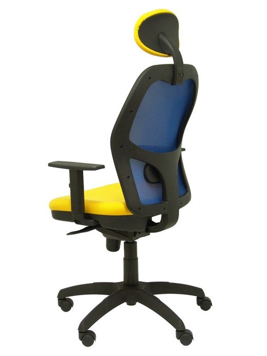 Modelo Jorquera - Silla de oficina ergonómica con mecanismo sincro, brazos regulables y ajustable en altura  Respaldo de malla transpirable en color azul y asiento tapizados en tejido BALI color amarillo (CON CABECERO)