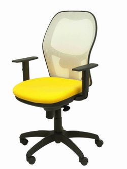 Modelo Jorquera - Silla de oficina ergonómica con mecanismo sincro, brazos regulables y ajustable en altura - Respaldo de malla transpirable en color blanco y asiento tapizados en tejido BALI color amarillo