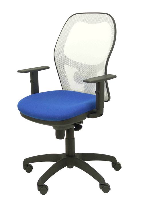Modelo Jorquera - Silla de oficina ergonómica con mecanismo sincro, brazos regulables y ajustable en altura - Respaldo de malla transpirable en color blanco y asiento tapizados en tejido BALI color azul