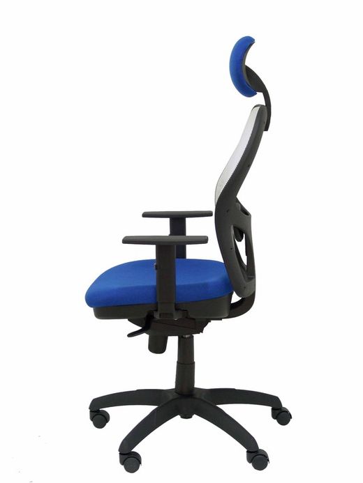 Modelo Jorquera - Silla de oficina ergonómica con mecanismo sincro, brazos regulables y ajustable en altura  Respaldo de malla transpirable en color blanco y asiento tapizados en tejido BALI color azul (CON CABECERO)