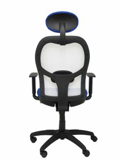 Modelo Jorquera - Silla de oficina ergonómica con mecanismo sincro, brazos regulables y ajustable en altura  Respaldo de malla transpirable en color blanco y asiento tapizados en tejido BALI color azul (CON CABECERO)