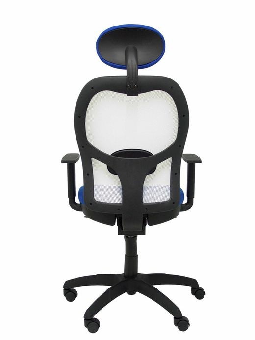 Modelo Jorquera - Silla de oficina ergonómica con mecanismo sincro, brazos regulables y ajustable en altura  Respaldo de malla transpirable en color blanco y asiento tapizados en tejido BALI color azul (CON CABECERO)