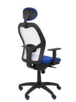 Modelo Jorquera - Silla de oficina ergonómica con mecanismo sincro, brazos regulables y ajustable en altura  Respaldo de malla transpirable en color blanco y asiento tapizados en tejido BALI color azul (CON CABECERO)