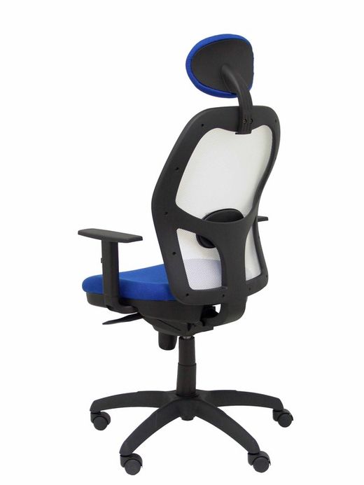 Modelo Jorquera - Silla de oficina ergonómica con mecanismo sincro, brazos regulables y ajustable en altura  Respaldo de malla transpirable en color blanco y asiento tapizados en tejido BALI color azul (CON CABECERO)