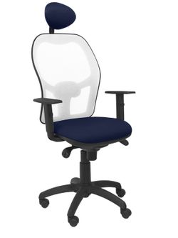 Modelo Jorquera - Silla de oficina ergonómica con mecanismo sincro, brazos regulables y ajustable en altura  Respaldo de malla transpirable en color blanco y asiento tapizados en tejido BALI color azul marino (CON CABECERO)