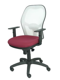 Modelo Jorquera - Silla de oficina ergonómica con mecanismo sincro, brazos regulables y ajustable en altura - Respaldo de malla transpirable en color blanco y asiento tapizados en tejido BALI color granate