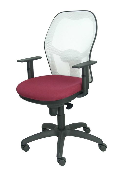 Modelo Jorquera - Silla de oficina ergonómica con mecanismo sincro, brazos regulables y ajustable en altura - Respaldo de malla transpirable en color blanco y asiento tapizados en tejido BALI color granate