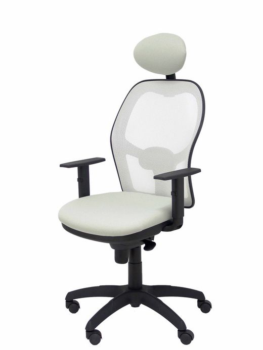 Modelo Jorquera - Silla de oficina ergonómica con mecanismo sincro, brazos regulables y ajustable en altura  Respaldo de malla transpirable en color blanco y asiento tapizados en tejido BALI color gris claro (CON CABECERO)