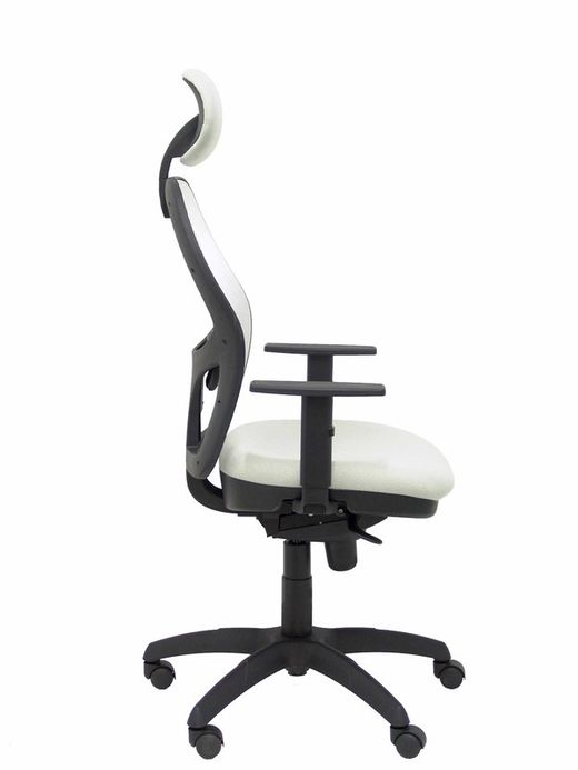 Modelo Jorquera - Silla de oficina ergonómica con mecanismo sincro, brazos regulables y ajustable en altura  Respaldo de malla transpirable en color blanco y asiento tapizados en tejido BALI color gris claro (CON CABECERO)
