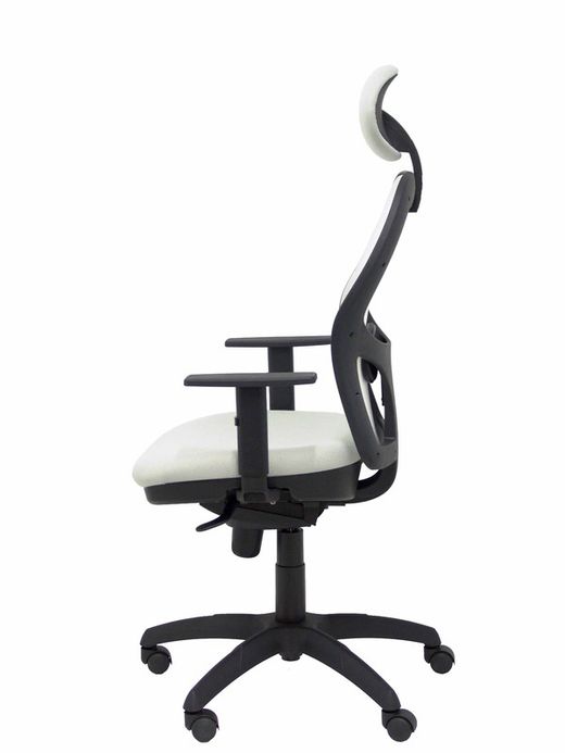 Modelo Jorquera - Silla de oficina ergonómica con mecanismo sincro, brazos regulables y ajustable en altura  Respaldo de malla transpirable en color blanco y asiento tapizados en tejido BALI color gris claro (CON CABECERO)