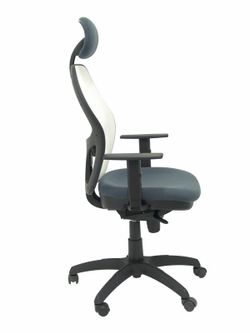 Modelo Jorquera - Silla de oficina ergonómica con mecanismo sincro, brazos regulables y ajustable en altura  Respaldo de malla transpirable en color blanco y asiento tapizados en tejido BALI color gris oscuro (CON CABECERO)